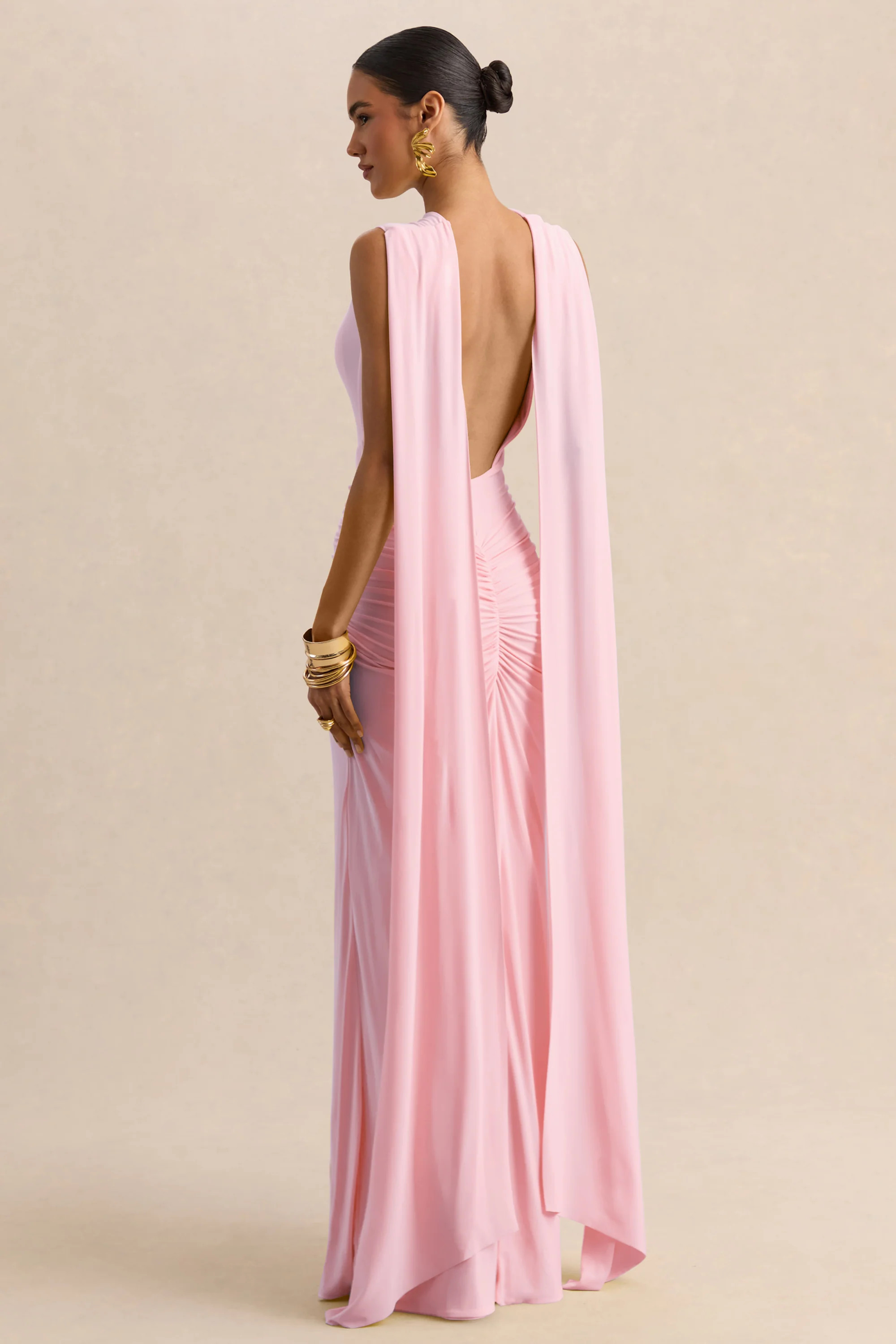 Premiere | Light Pink Boat-Neck Maxi Dress With Cape-Sleeves And Open-Back | Club L London