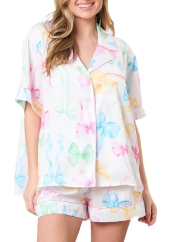 Juakoso Women Sweet Bow Pajamas Sets Short Sleeve Button Down Pjs Sets Cute 2 Piece Lounge Sets Y... | Amazon (US)