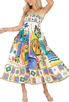 KMBANGI Women Spaghetti Strap Graffiti Maxi Dress Colorful Graphic A Line Swing Long Cami Dress B... | Amazon (US)