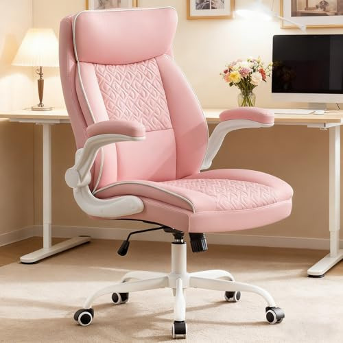 Furnistyle Leather Office Chair, Computer Desk Chair with Lumbar Support,Height Adjustment, Comfortable Excutive Task Chairs 400lbs with Padded Flip-up Armrests, Pink | Amazon (US)