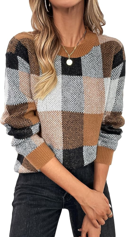GORGLITTER Women's Plaid Knitted Sweaters Long Sleeve Round Neck Sweaters Pullovers Top | Amazon (US)