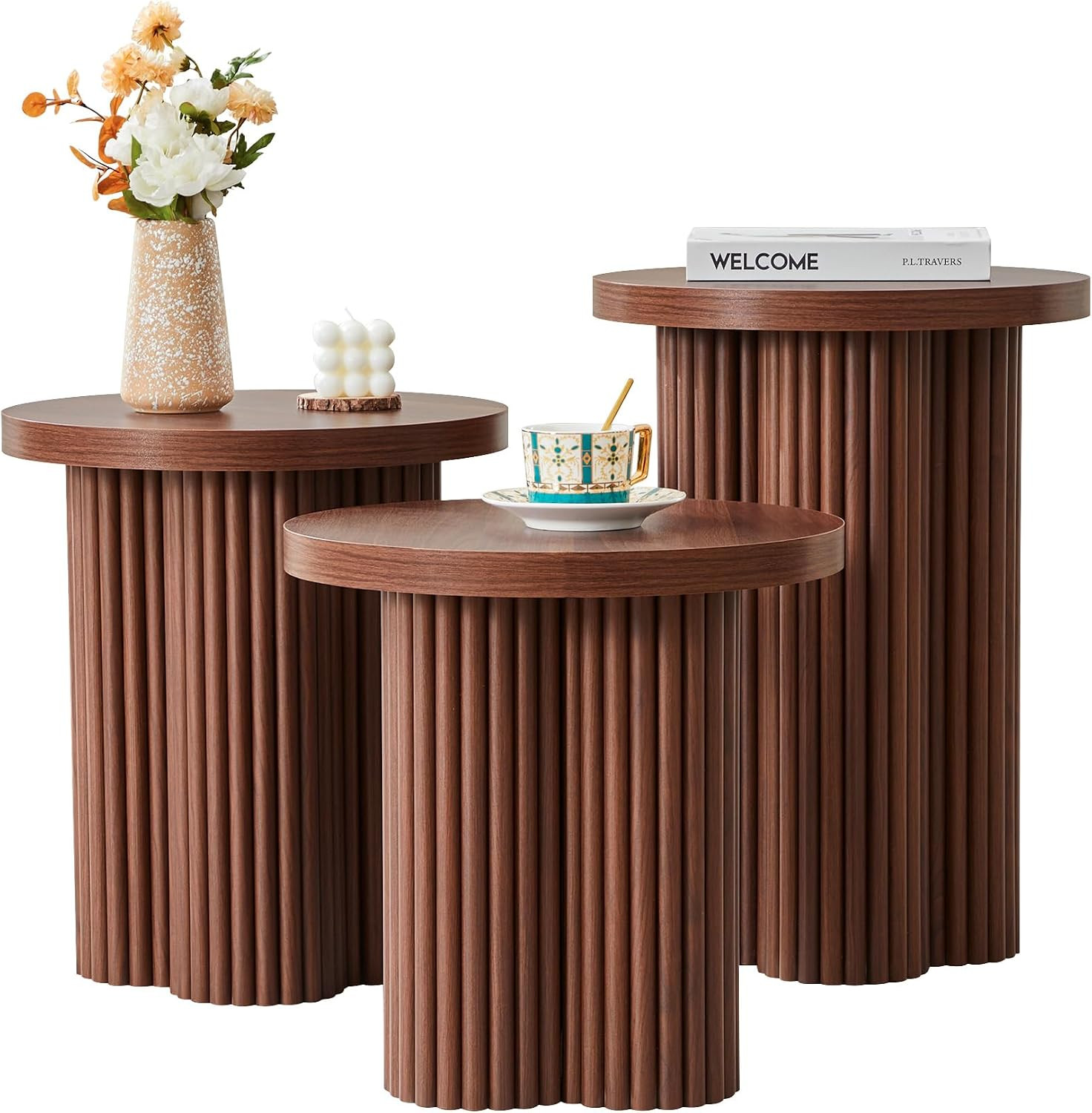 Round Nesting Coffee Table Set of 3 Fluted Coffee Table (Walnut) | Amazon (US)