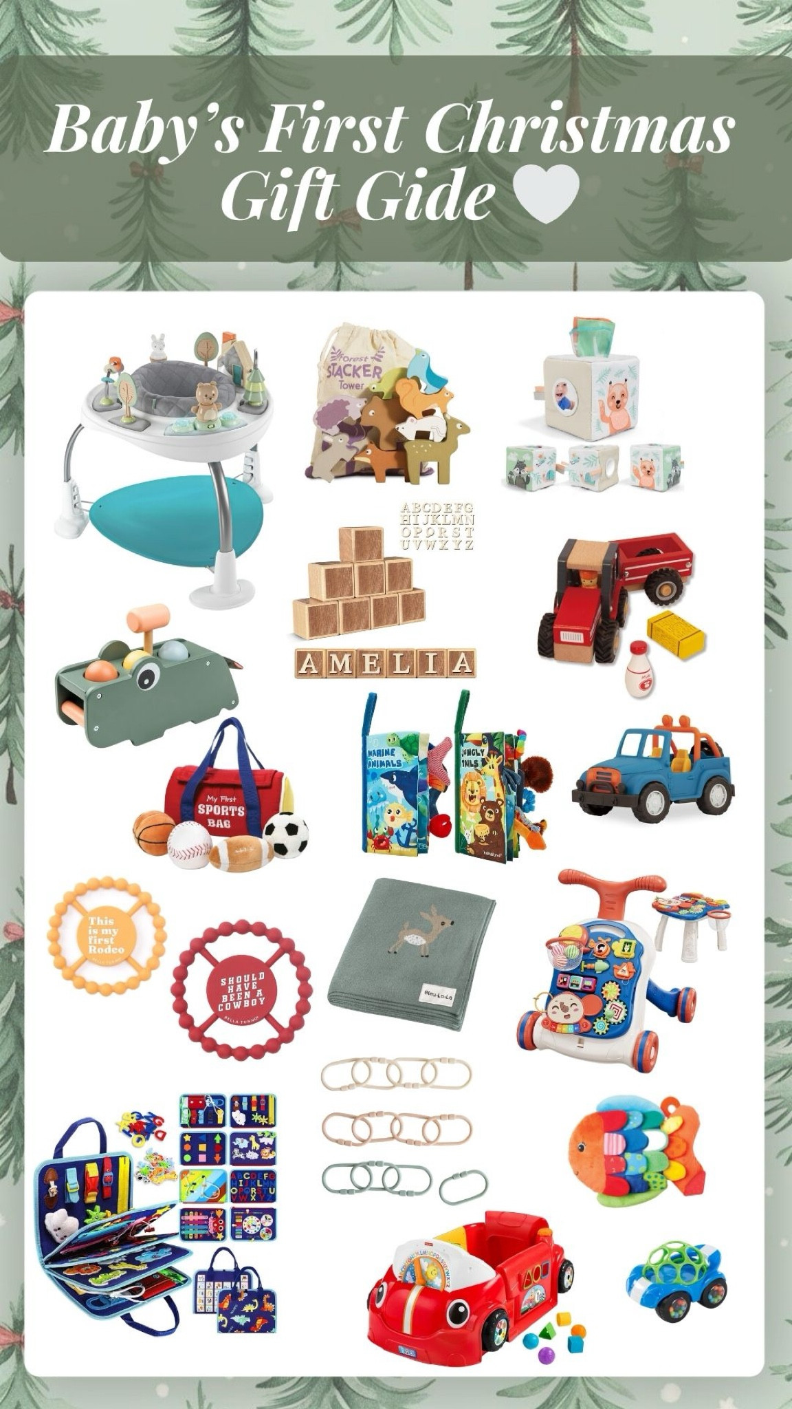 Baby’s first Christmas gift Gide! All Amazon baby toys, baby jumper activity set, Montessori toys, wooden toys, tummy time toys, Montessori busy book for on the go with babies and toddlers, baby toy cars and Jeep, fisher price toys, personalized baby blocks, teething toys, deer swaddle blanket, silicone non toxic baby toys, baby walker toy, bath time toys, Melissa and Doug baby toys they will be sure to love  

#LTKFamily #LTKBaby #LTKGiftGuide