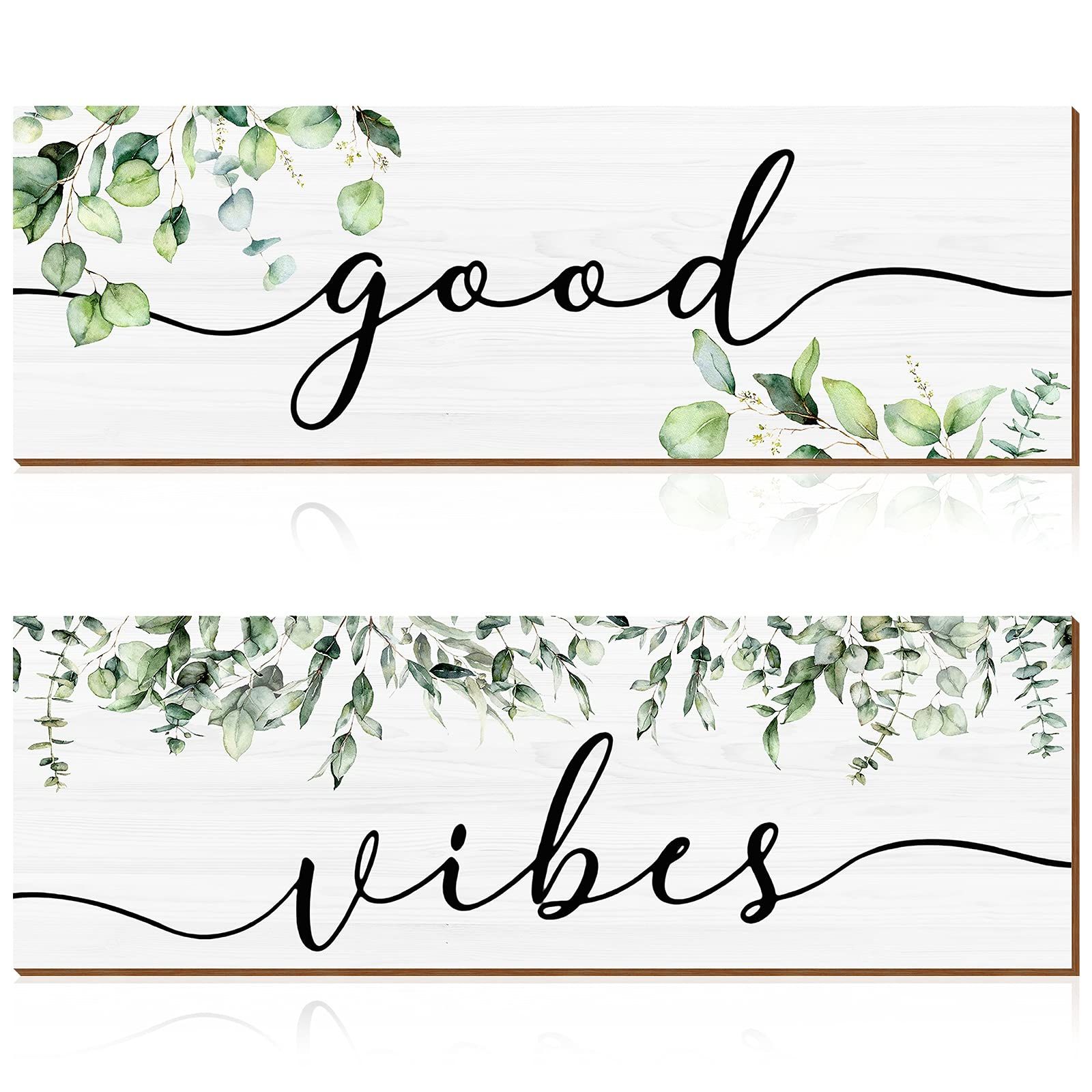 2 Pieces Good Vibes Wall Decor, Wooden Positive Quotes Signs Wall Art Decoration Green Farmhouse Wal | Amazon (US)