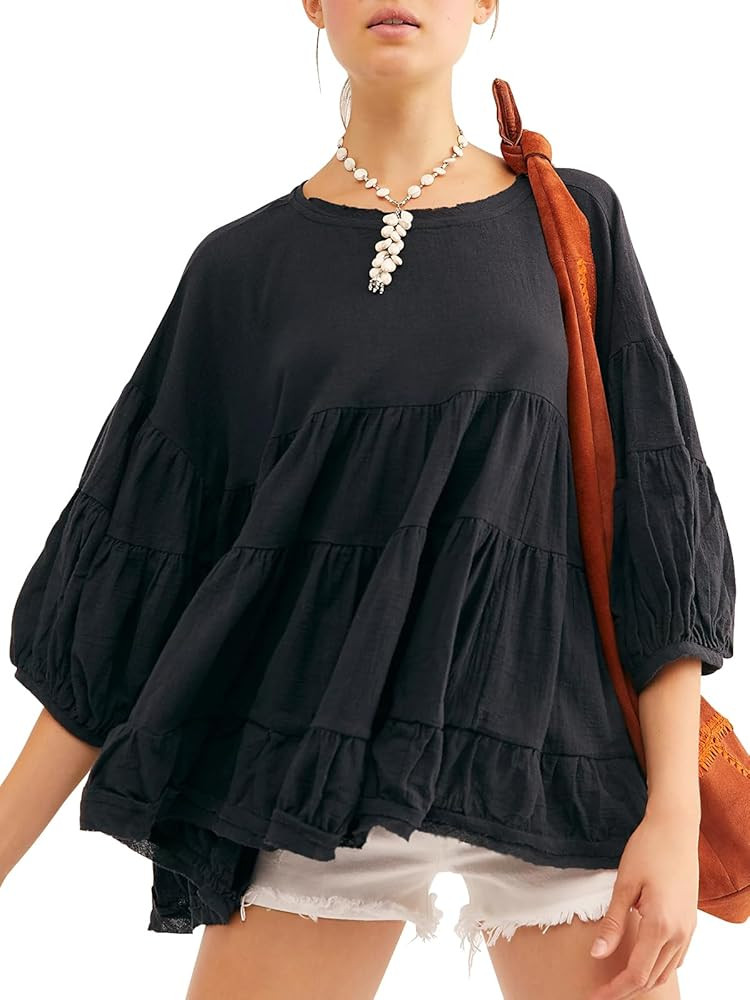 Babydoll Tops for Women 3/4 Lantern Sleeve Crewneck Loose Peplum Tops 2024 Summer Ruffle Blouse f... | Amazon (US)