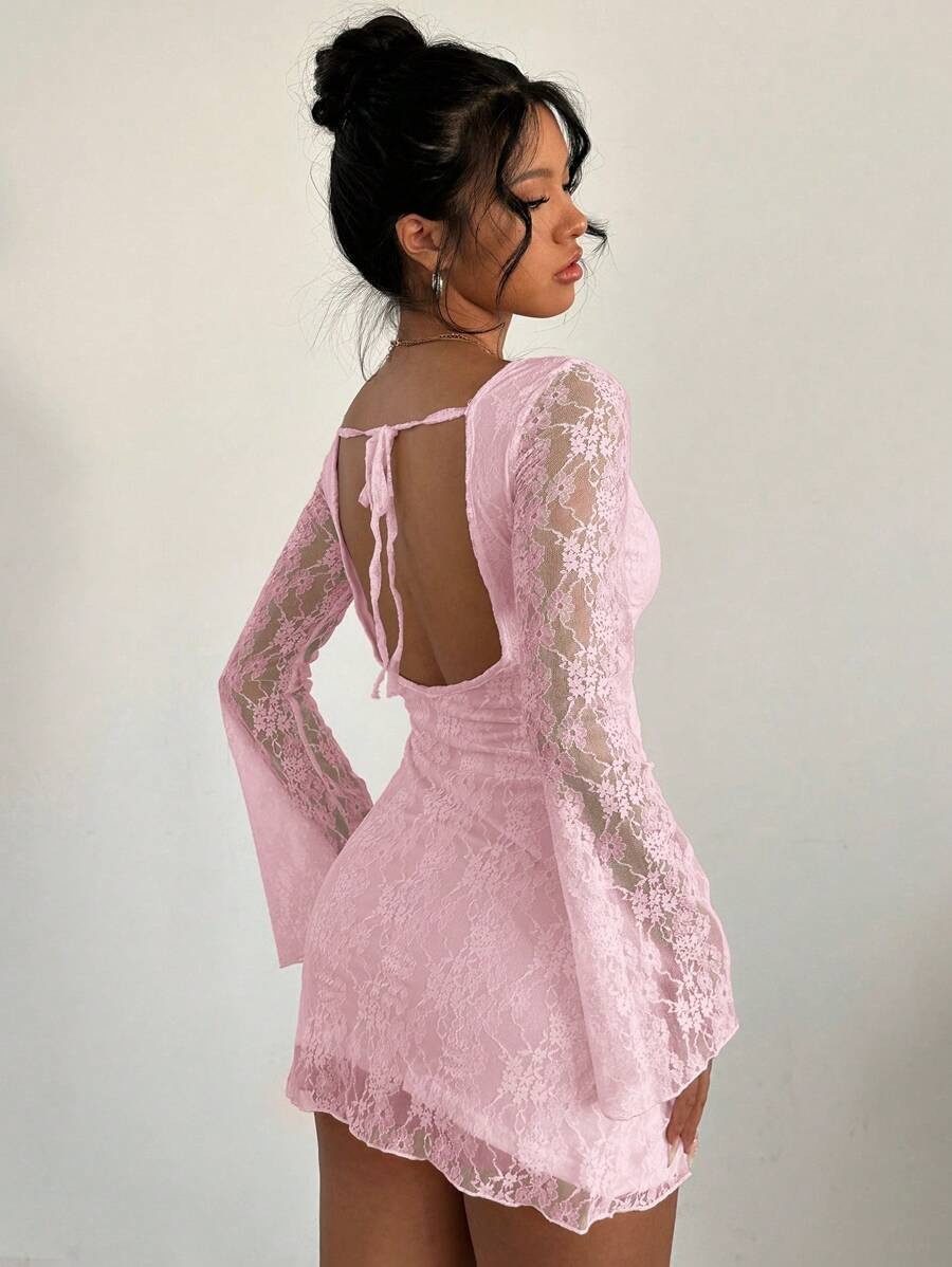 Aloruh Women's Elegant Lace Backless Tie Strap Long Sleeve Mini Dress | SHEIN