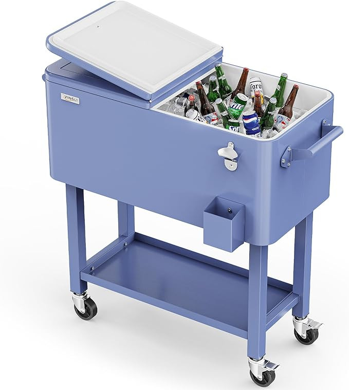 VINGLI 80 Quart Rolling Ice Chest, Portable Patio Party Bar Drink Cooler Cart, with Shelf, Bevera... | Amazon (US)