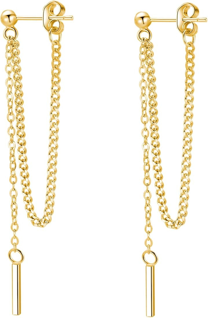 SLUYNZ 925 Sterling Silver Bar Dangle Earrings for Women Teen Girls Threader Earrings Chain | Amazon (US)