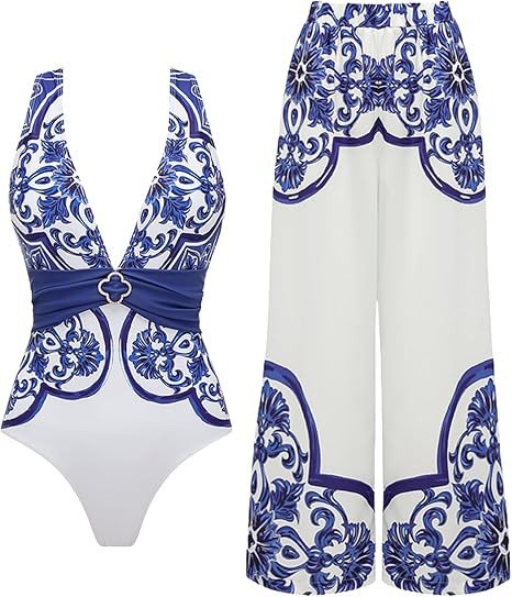 FLAXMAKER Women's One Piece V Neck Classic Majolica Series Pattern Crisscross Back One Piece Swim... | Amazon (US)