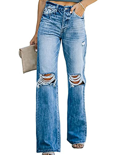 Sidefeel Women's High Waisted Ripped Flared Jeans Destroyed Wide Leg Denim Pants Blue Size 8 | Amazon (US)