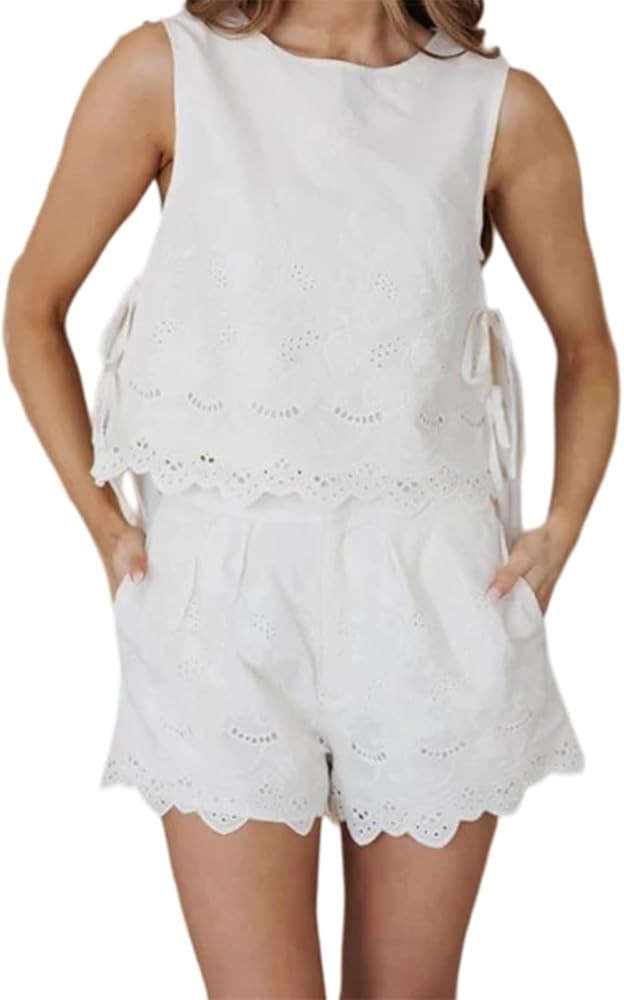 SOOKABEILA Women Side Tie Top Set Y2k Sleeveless Floral Embroidery Tank Top and Shorts 2 Pcs Holl... | Amazon (US)