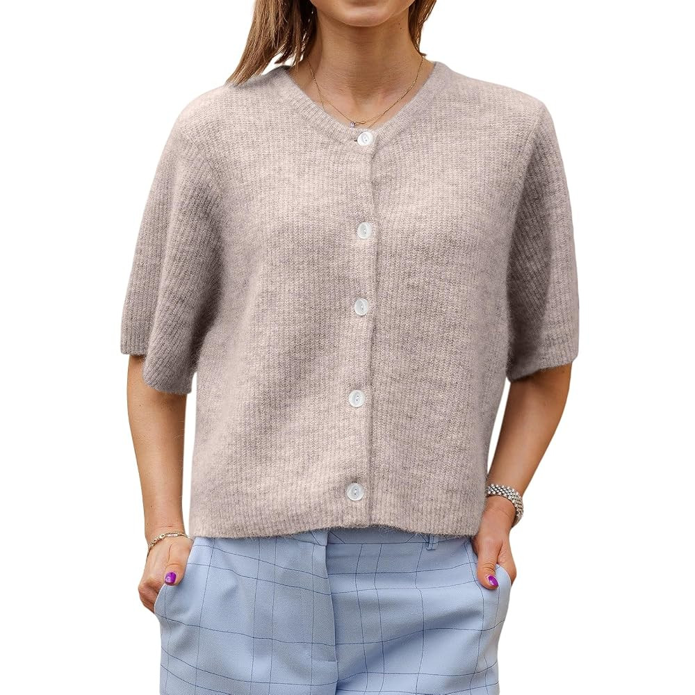 Women Knitted Crop Cardigan Shirt Y2k Short Sleeve Cardigan Button Up Rib Knit Elegant Loose Fit ... | Amazon (US)