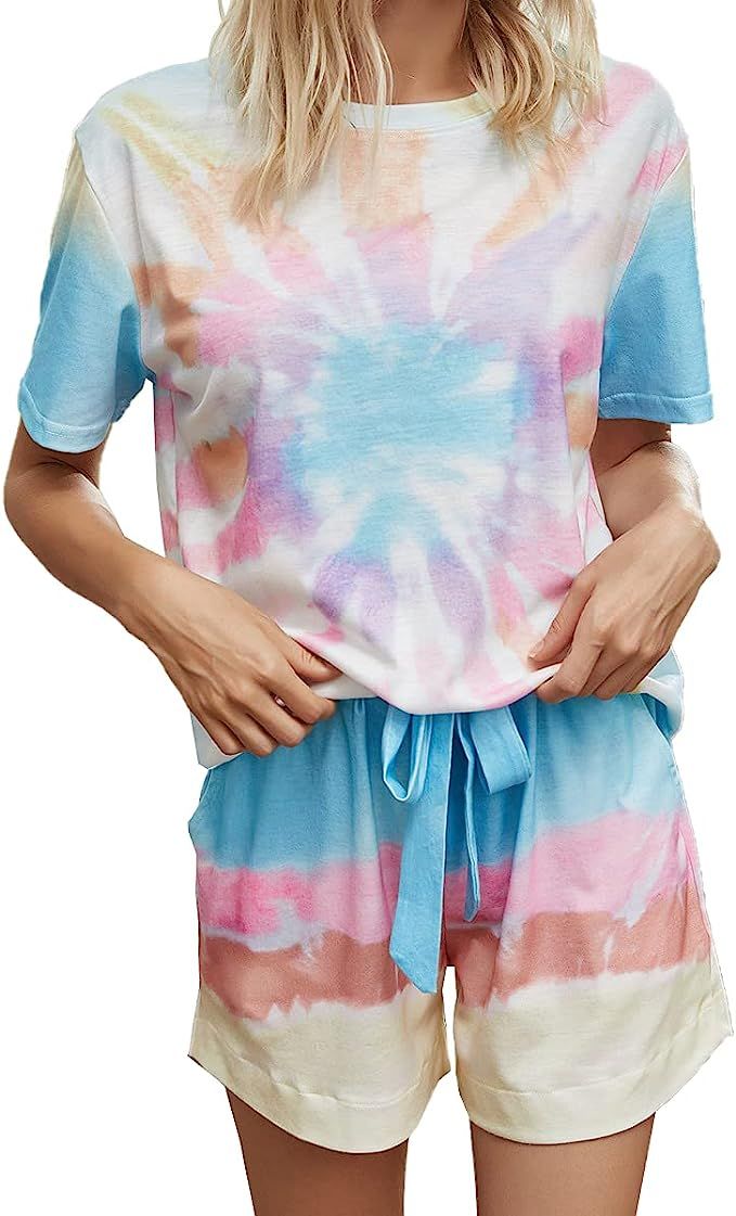RONGTAI Womens Tie Dye Pajama Set Short Sleeve Tops with Short Pants Two Piece Loungewear Sleepwe... | Amazon (US)
