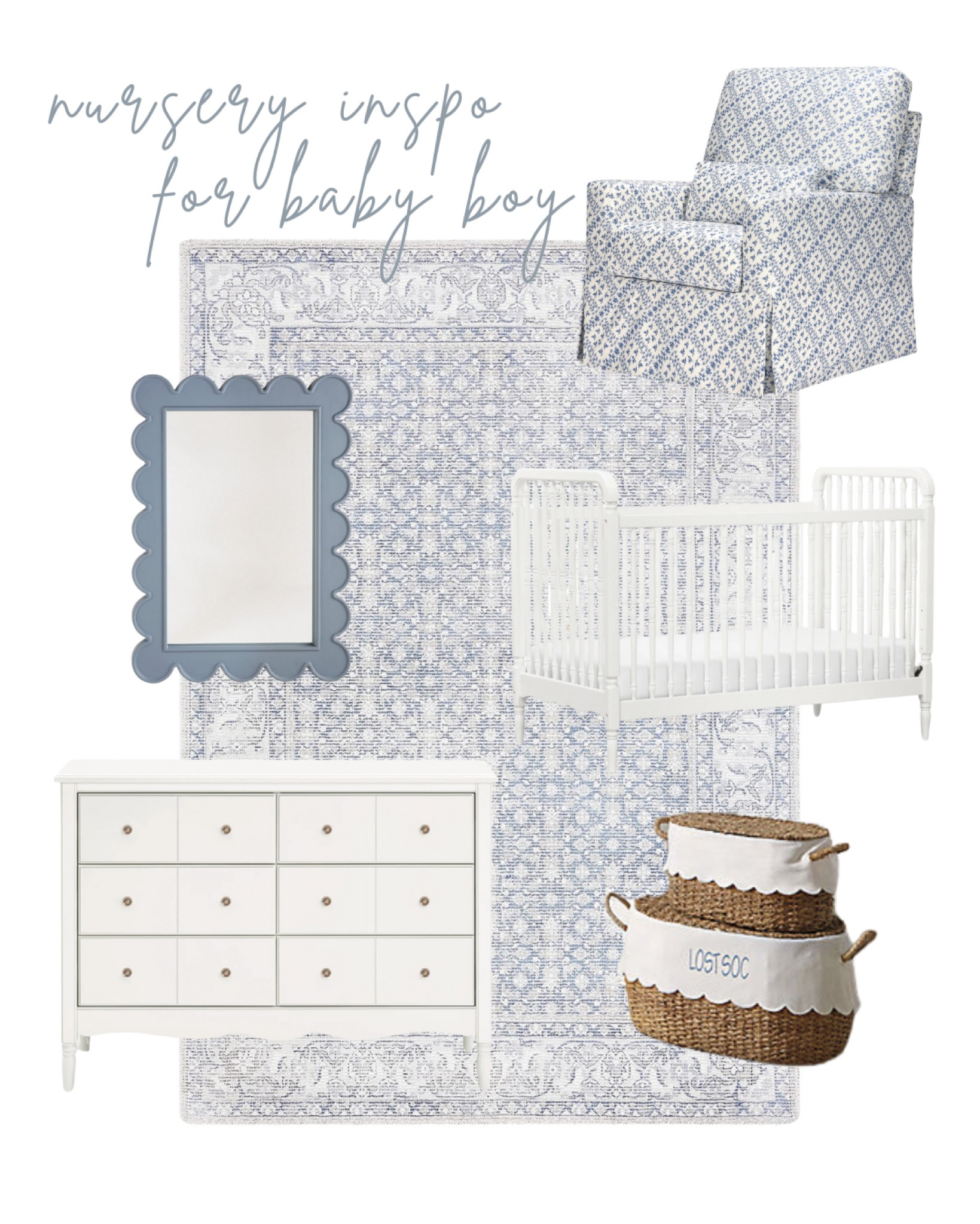 Nursery decor for baby boy 

blue and white nursery, namesake glider, Ballard designs mirror, Ballard designs scalloped baskets 

#LTKSaleAlert #LTKHome #LTKBaby