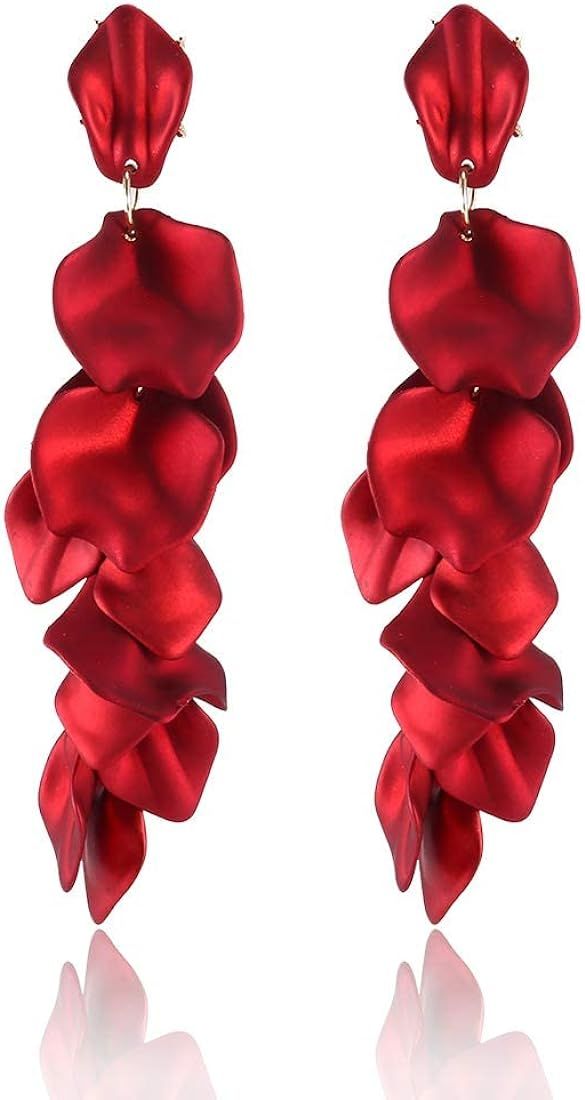 Long Rose Petal Dangle Earrings - Fashion Boho Acrylic Flower Earrings - Large Statement Resin Flora | Amazon (US)