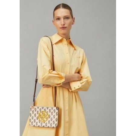 TORY BURCH PERRY BOMBE Printed Double Zip Cream Bag Leather Flower Brown Mini NW | Walmart (US)