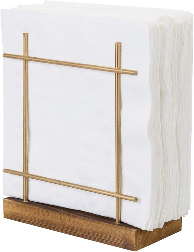 MyGift Contemporary Brass-Tone Wire Metal Upright Napkin Holder with Rustic Burnt Brown Wood Base... | Amazon (US)