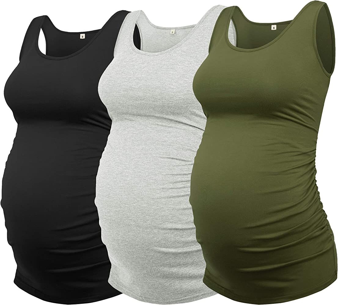 AMPOSH Women's Maternity Tank Top 3 Pack Ruched Side Sleeveless Pregnancy Basic Shirt(Black/Gray/... | Amazon (US)