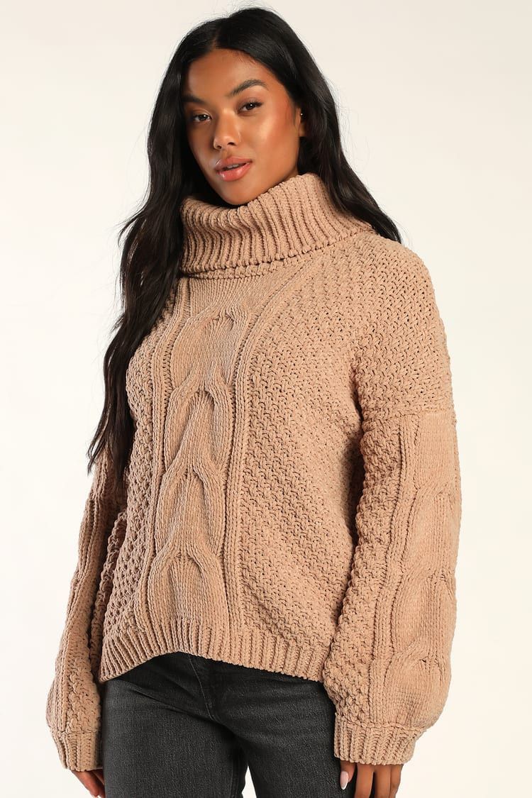 Tan Chenille Cable Knit Turtleneck Pullover Sweater | Cozy Outfit Comfy Outfit Comfy Clothes Casual | Lulus (US)