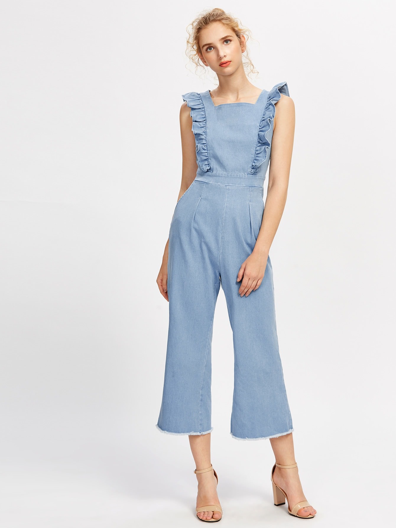 Frill Detail Frayed Hem Chambray Pinafore Jumpsuit | SHEIN