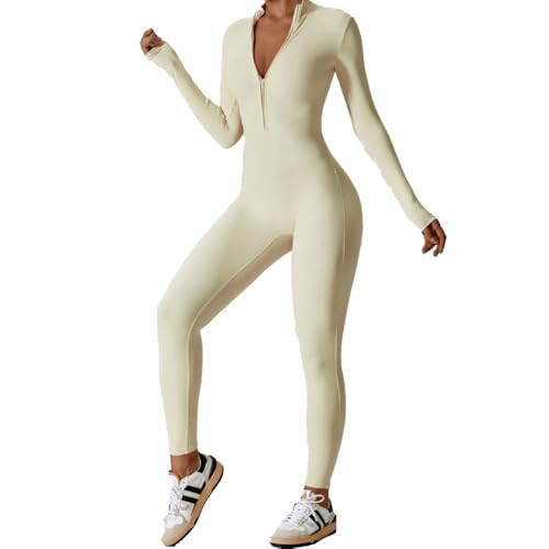 KAIFUYING Long Sleeve Workout Jumpsuit,Bodysuits Workout Sets For Womenbody Suits For Womens Workout Jumpsuit,Sexy One Piece Cream-L | Amazon (US)