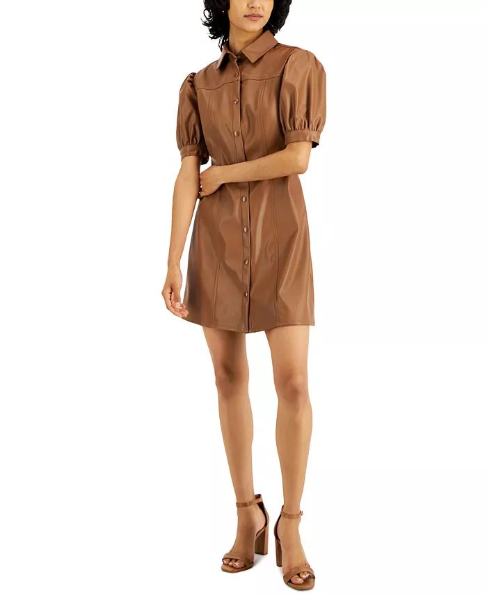 Juniors' Faux-Leather Puff-Sleeve Button-Down Pleated Dress | Macy's