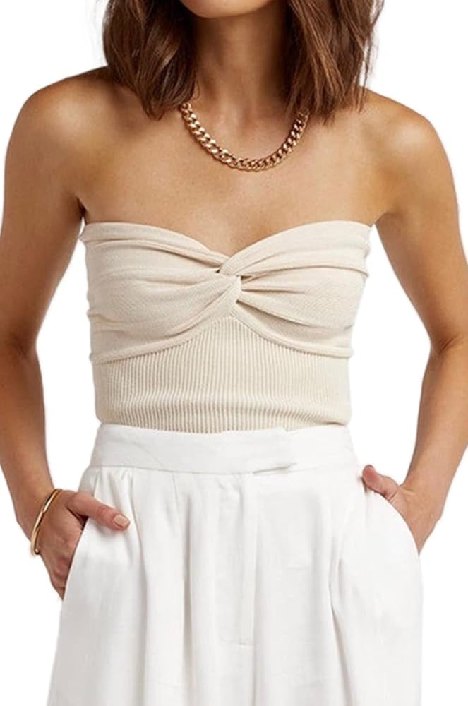 NTSWZYS Womens Strapless Crop Top Sexy Twist Knot Front Solid Ribbed Knit Tube Top Sleeveless Cam... | Amazon (US)