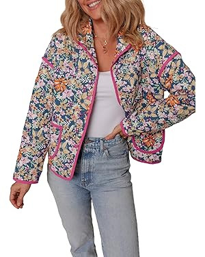 Dokotoo Warm Quilted Jackets for Women Long Sleeve Floral Print Button Down Puffer Jacket Coats w... | Amazon (US)
