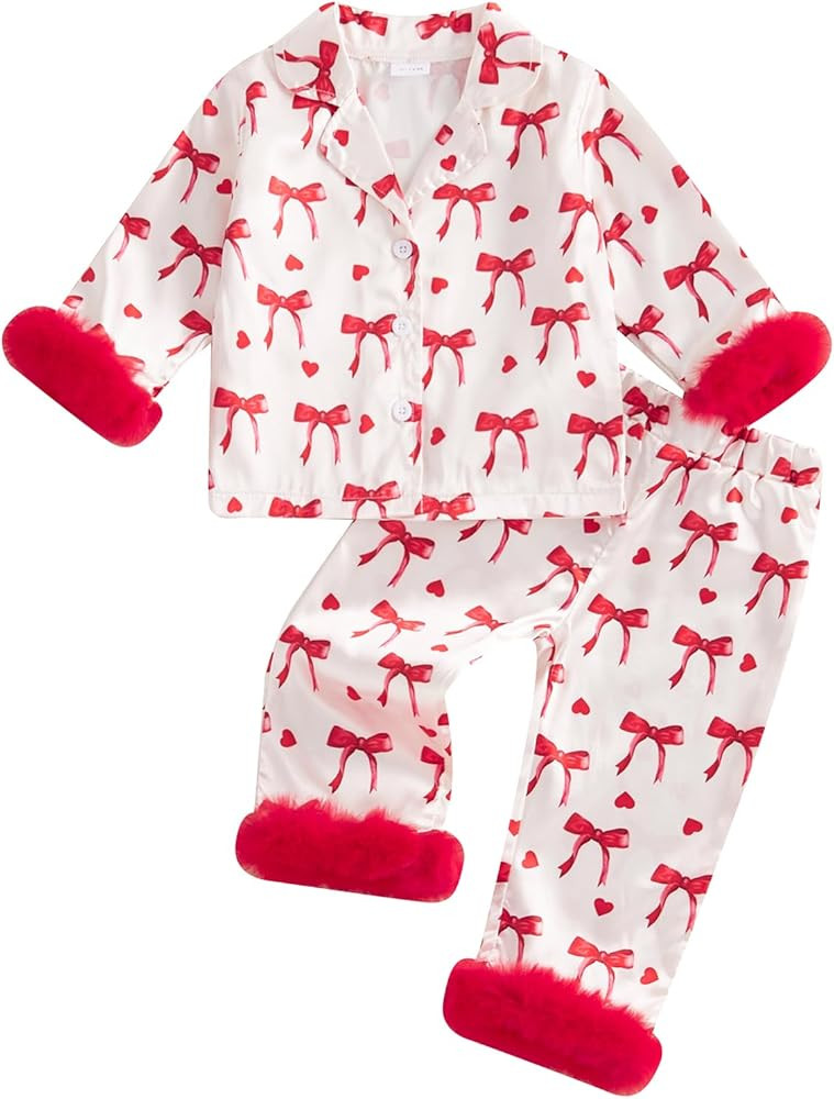 Toddler Baby Girl Valentines Day Pajamas Heart&Bow Print Button Down Shirt + Pants Little Kids Gi... | Amazon (US)