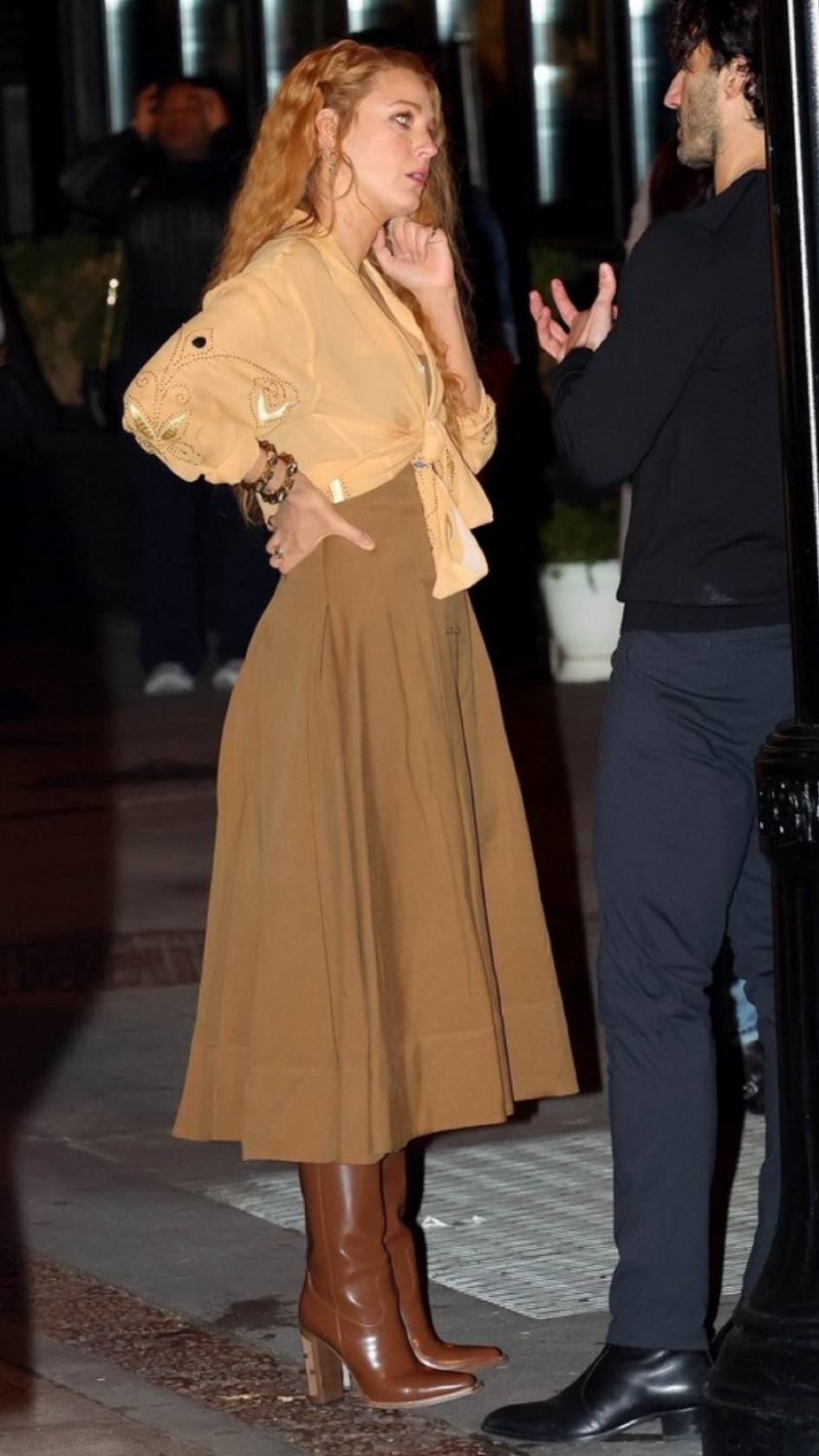 Shop Blake lively's linen halter neck dress, beaded embellished silk yellow shirt, cut out heel leather tall boots 

#LTKstyletip #LTKshoecrush #LTKsalealert