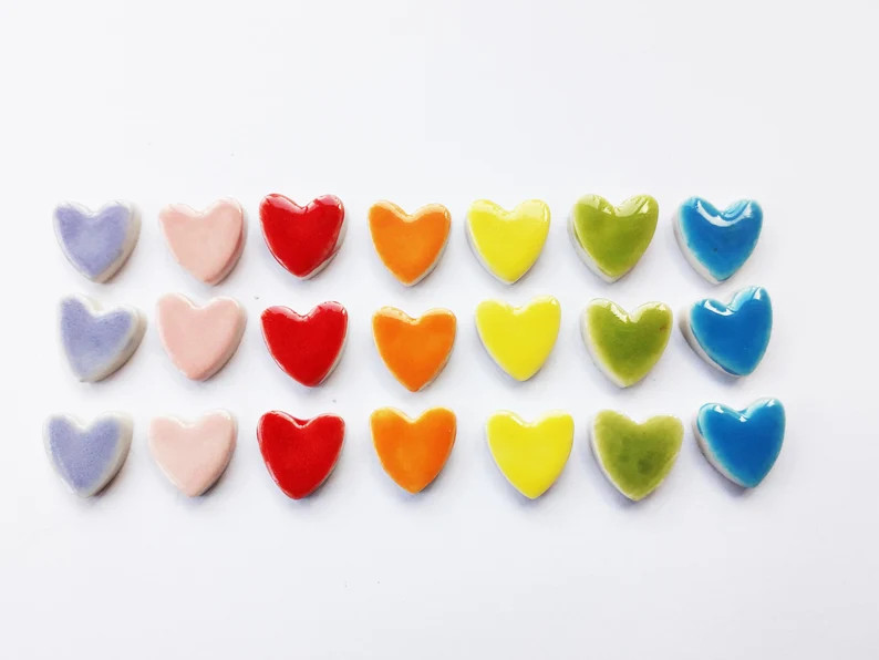 21 Mosaic Heart Tiles, Handmade Rainbow Valentines, Ceramic, Heart Shapes Great for Mosaics or Ca... | Etsy (US)