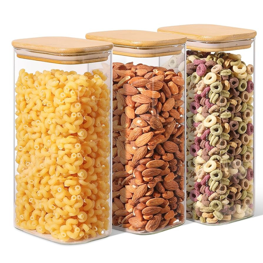 ComSaf 54oz Rectangle Glass Containers with Lids, Glass Jars with Bamboo Lids, Clear Food Storage... | Amazon (US)