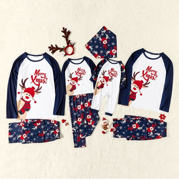 PatPat Merry Xmas Cute Reindeer Print Navy Family Matching Long Sleeve Pajamas Sets,Holiday Sleep... | Walmart (US)