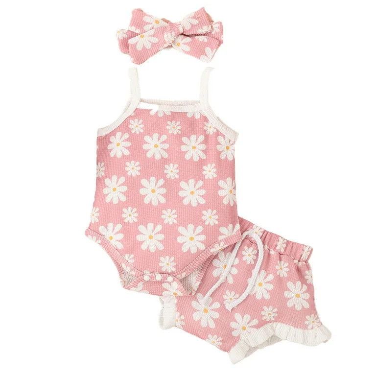Happy Town Baby Girl Summer Outfits Sling Romper Top and Ruffle Shorts with Headband for 1-18M | Walmart (US)
