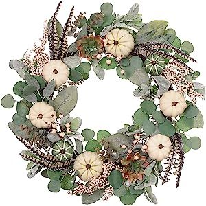 Valery Madelyn 24 inch Fall Wreath for Front Door with White Pumpkins, Artificial Wreath with Ber... | Amazon (US)