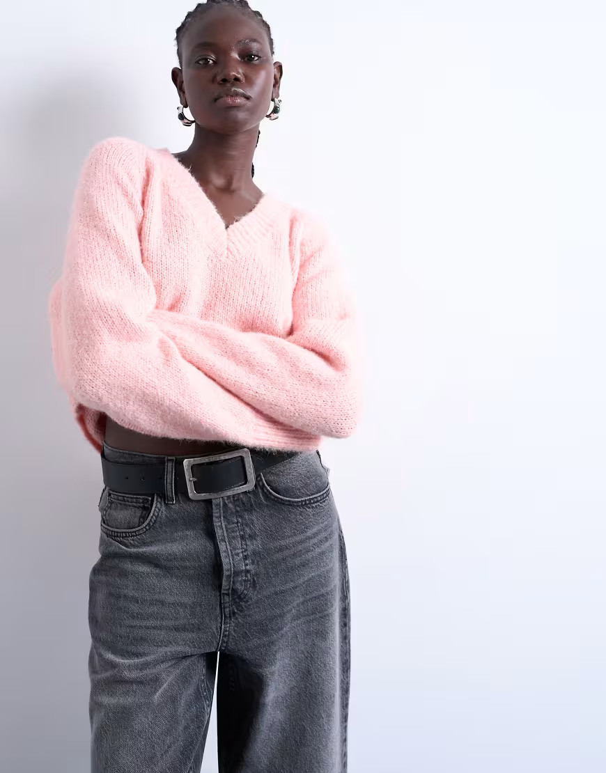 Topshop knitted wool blend fluffy v neck jumper in pink | ASOS (Global)
