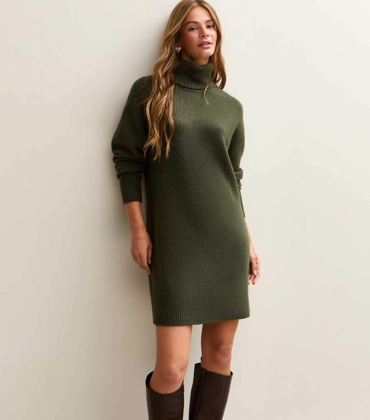 Khaki Midweight Knit Roll Neck Mini Dress | New Look | New Look (UK)