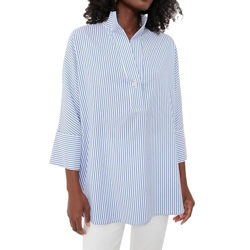 Womens Blue White Stripe Willow Blouse 3/4 Sleeve V Neck Shirt Dressy Casual Tops | Amazon (US)
