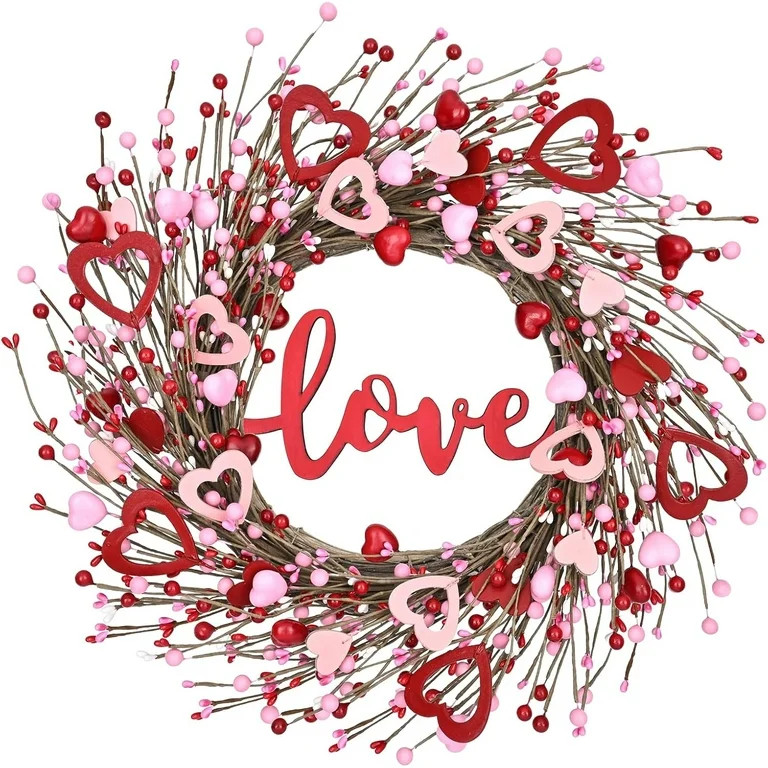 Dolicer 18 Inch Valentine's Day Wreath for Front Door,Artificial Berry Wreath with Wooden Hearts ... | Walmart (US)
