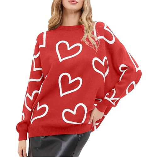 KNEYATTA Valentine’s Sweaters Heart Print Sweater Women Love Heart Sweatshirt Graphic Knit Pullover Tops Red | Amazon (US)
