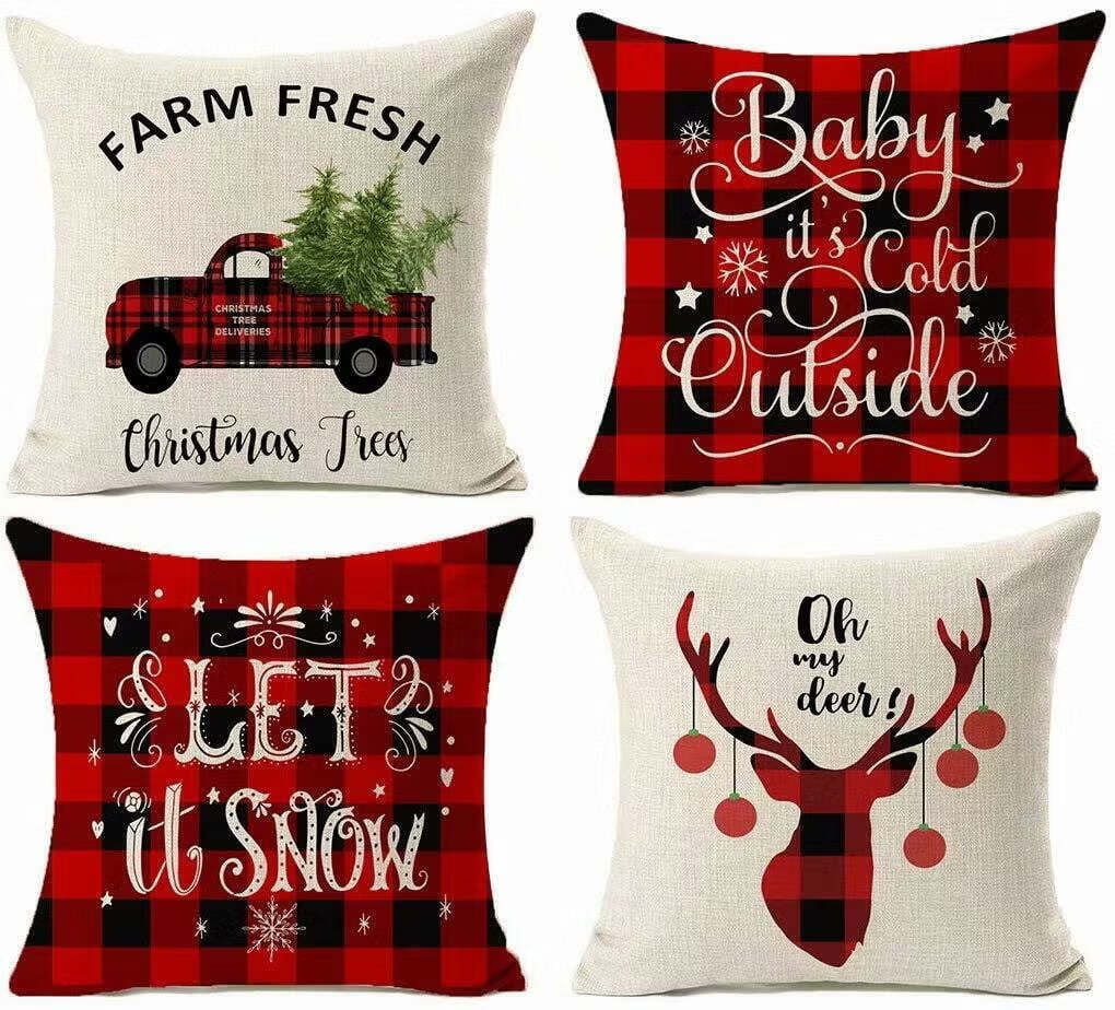 Coolmade Set of 4 Christmas Decorations Buffalo Plaid Farmhouse Decor Throw Retro Truck Home Deco... | Walmart (US)