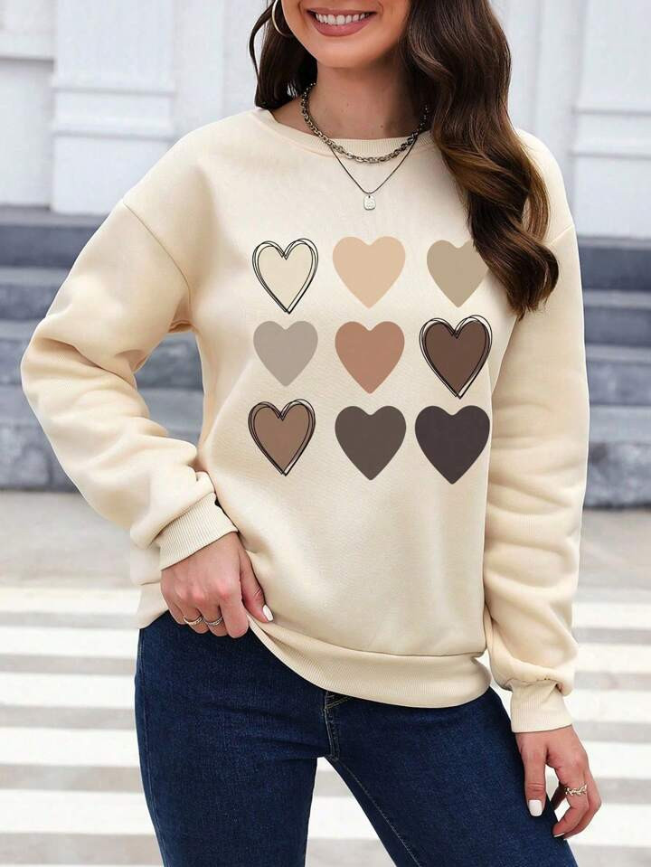 INAWLY Heart Print Drop Shoulder Sweatshirt,Long Sleeve Tops | SHEIN