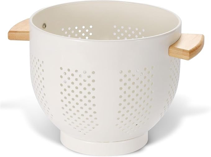 Metal Colander with Wood Handle and Stable Base, 5.5 Quart Powder Coated Steel Kitchen Strainer B... | Amazon (US)