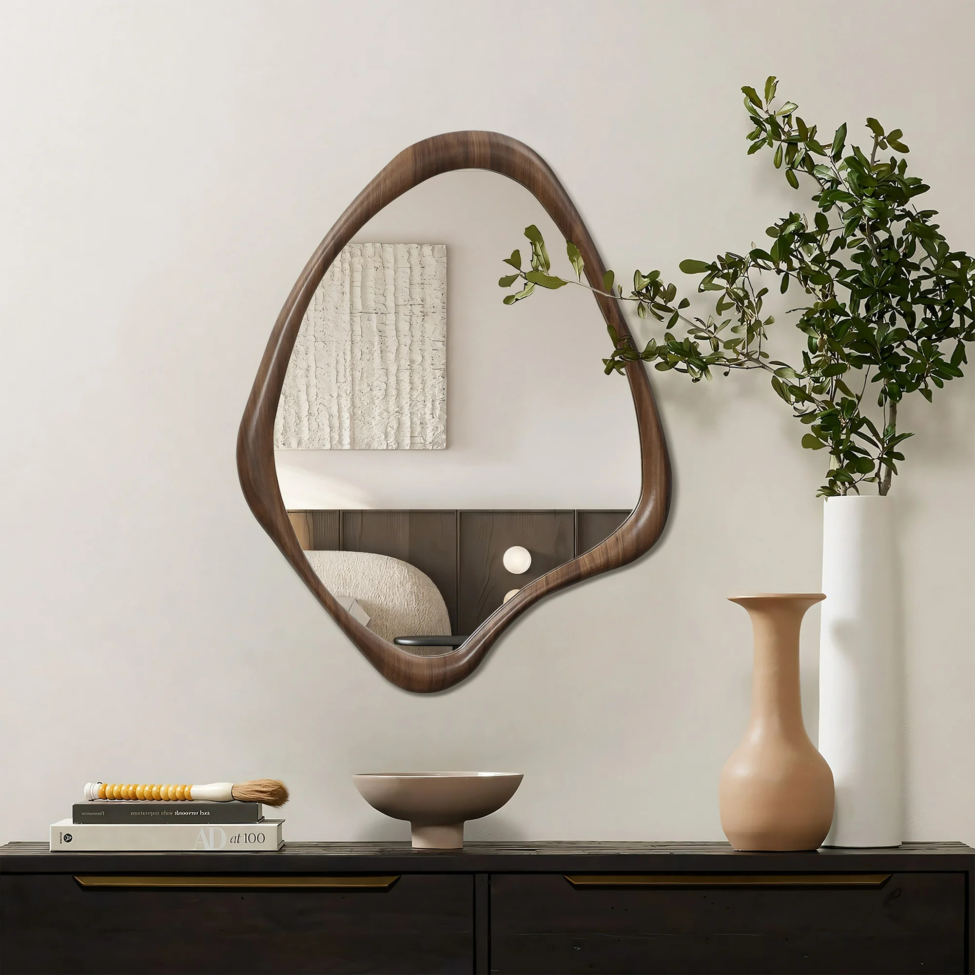 LuxenHome Classic Brown Wood Frame Irregular Wall Mirror, Accent and Vanity | Walmart (US)