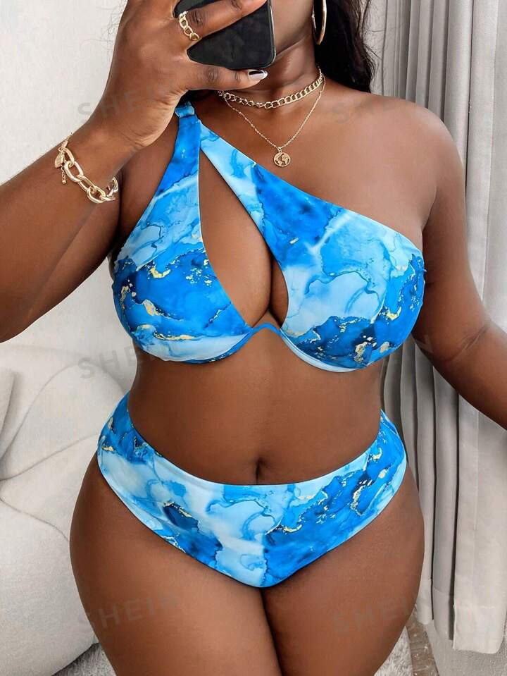 SHEIN Slayr Plus Marble Print One Shoulder Underwire Bikini Swimsuit | SHEIN
