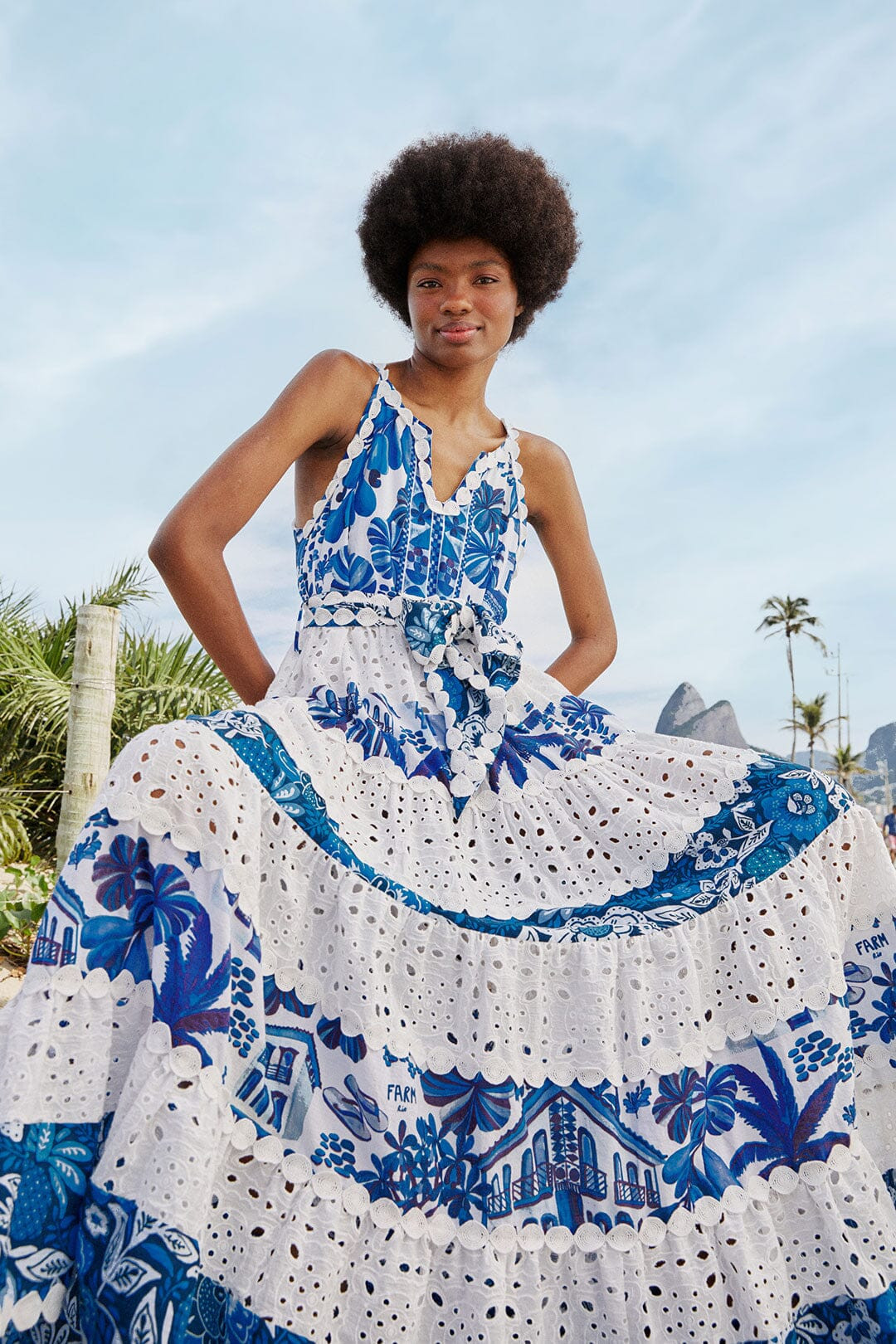 Mixed White And Blue Prints Maxi Dress | FarmRio (US)