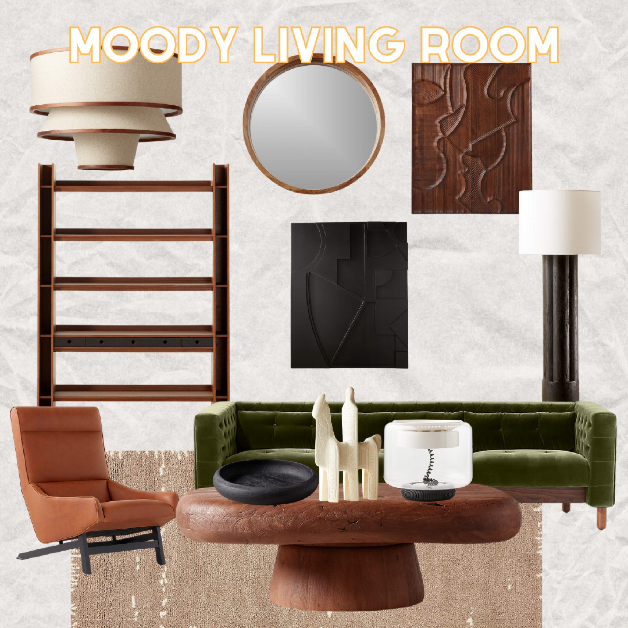 Moody Living Room

Walnut Wood Modern Pendant Light | Acacia Wood Round Wall Mirror | Wood Floor Lamp | Wood Bowl | Hand Knotted Area Rug | Wooden Pedestal Table | Wood Coffee Table | Table Lamp | Modern Wall Art | Leather Lounge Chair | Green Velvet Sofa

#LTKhome #LTKSeasonal #LTKsalealert