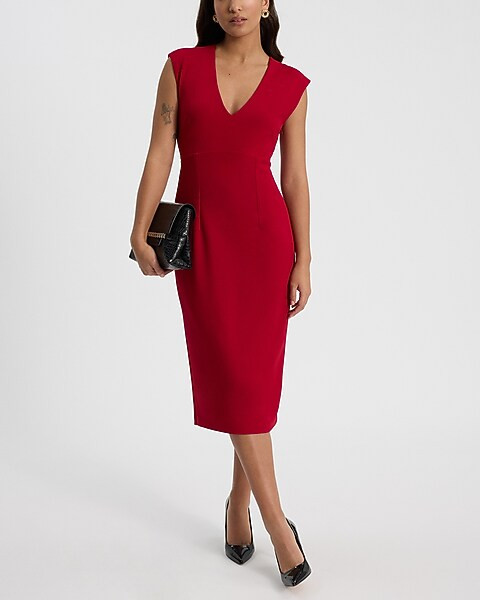 V-neck Cap Sleeve Back Cutout Midi Sheath Dress | Express