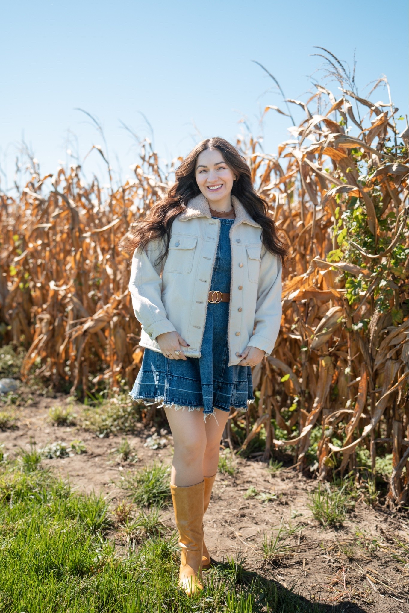 fall outfits women over 50, fit tts, denim dress, Autumn vibes in a corn field! Loving my fall outfit. 🍂🌾 #FallFashion #DenimDress #Boots #KneeHigh #Jacket #OOTD #WomenStyle