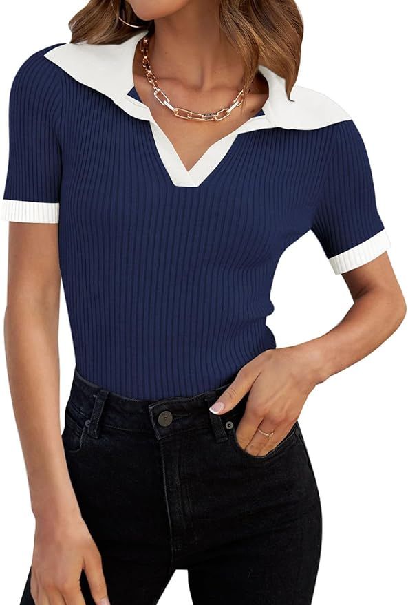 EVALESS Womens Fashion V Neck Tops Trendy Short Sleeve Ribbed Knit Shirts Lapel Collar T Shirts C... | Amazon (US)